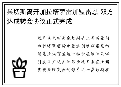 桑切斯离开加拉塔萨雷加盟雷恩 双方达成转会协议正式完成 桑切斯离开加拉塔萨雷加盟雷恩 双方达成转会协议正式完成